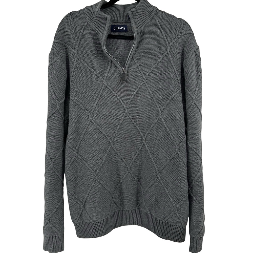 Chaps Men's Quarter Zip Pullover Sweater Argyle Knit  XL Gray Preppy Academia‎